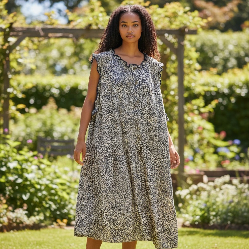 Terra & Sky Button Front Mini Dress 3X Dark Navy NWT Ditsy Floral Ruffle Trim
